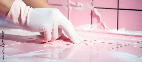 Hands in pink gloves cleaning tiles. photo