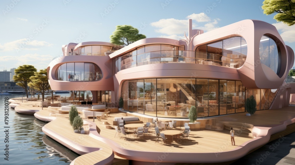 b'pink modern house on water with large windows'