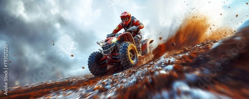 Driver on ATV performing a drift on a dirt road photo