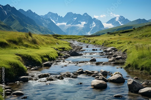 b'Alpine river flowing through a lush green valley with snow-capped mountains in the distance'