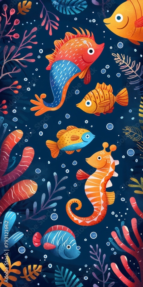 Underwater illustration with various kinds of fish and plants