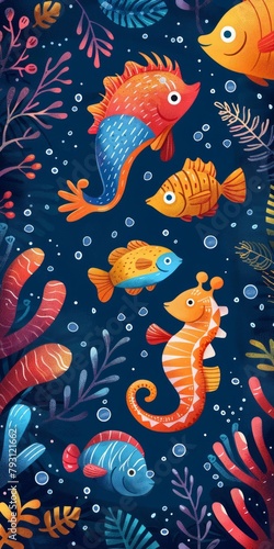 Underwater illustration with various kinds of fish and plants © duyina1990