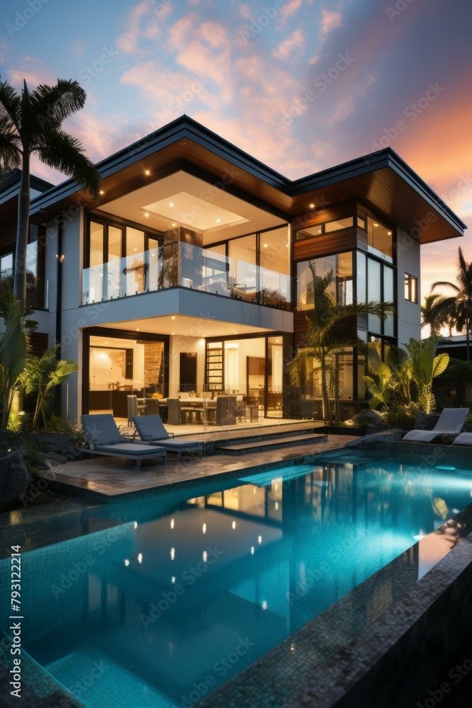 b'Modern luxury house with pool and palm trees'