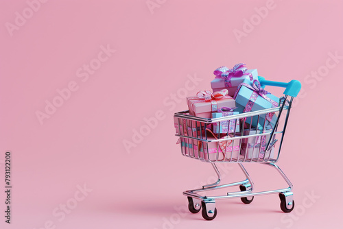 Shopping cart with gift boxes inside it in soft pink color background. Online shopping e-commerce, sale, and discount concept. Generative AI. 