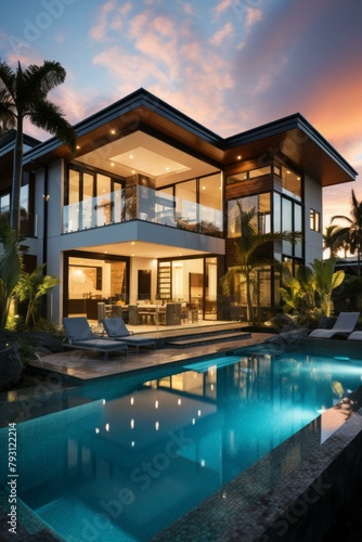 b Modern luxury house with pool and palm trees 