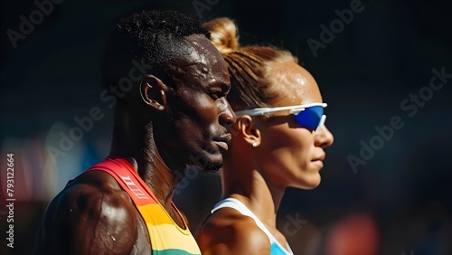 A male and female triathlete on a black background symbolizing gender equality. Concept Gender Equality, Triathletes, Sports, Black Background, Diversity photo