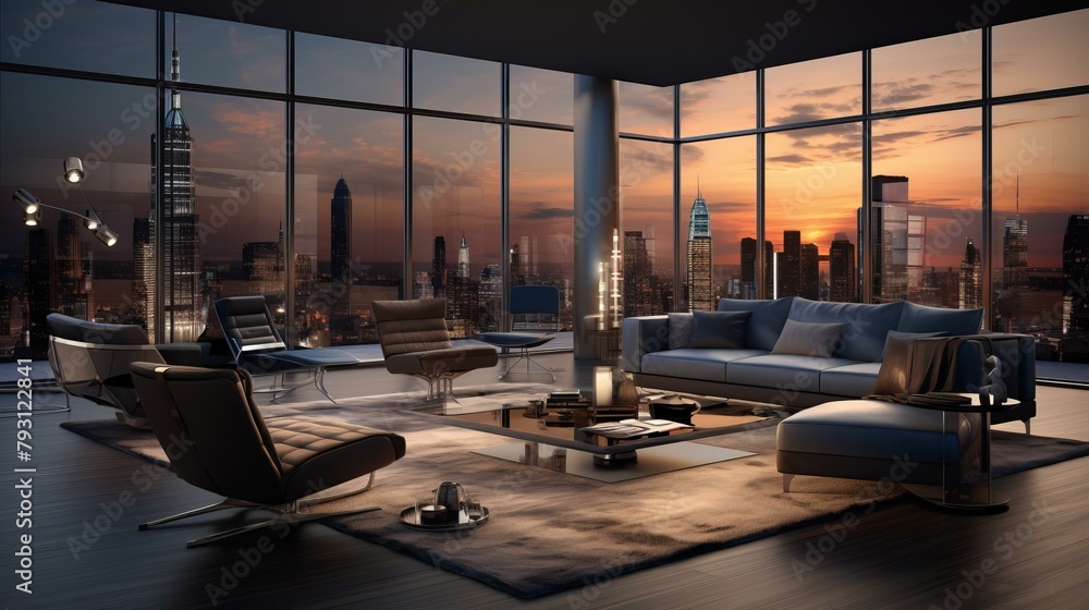 b'Modern living room interior with floor to ceiling windows'