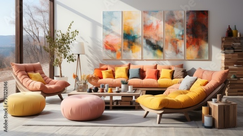 b'A Modern Living Room With Large Windows and Colorful Paintings'