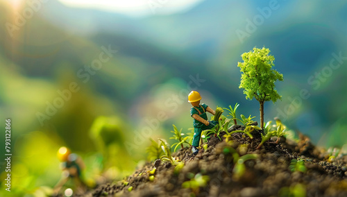 Miniature people : Farmer planting tree in the garden with bokeh background safety CSR responsibility friendly carbon neutral © © Ai Factory