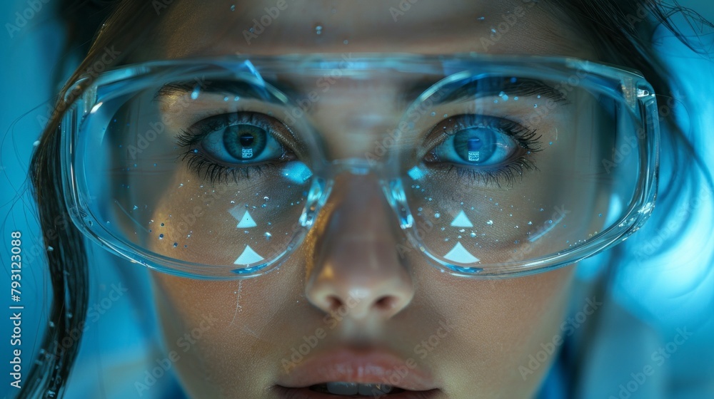 Close-up of female scientist looking at camera through futuristic transparent glasses Close-up of female scientist looking at camera through futuristic transparent glasses