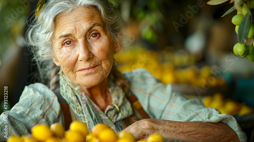 Portrait of an elderly greek woman in the fruit market. Selective focus.