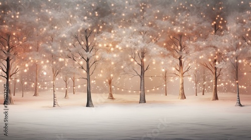 b'A beautiful winter forest with snow covered trees and twinkling lights' photo