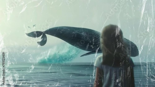 ilustração garota olhando baleia no ceu  photo