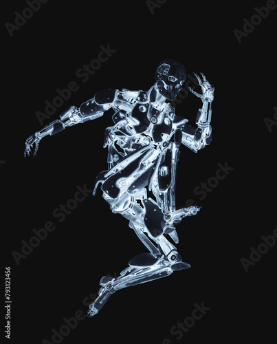 mega cyborg is jumping in action like a super hero in white background