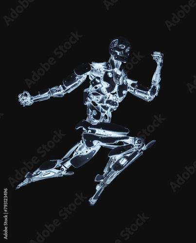 mega cyborg is jumping to punch in action like a super hero in white background