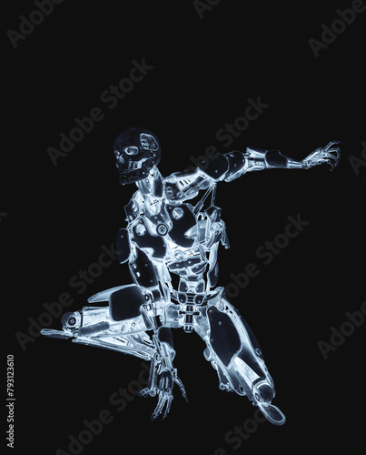 mega cyborg is ready to jump in action like a super hero in white background