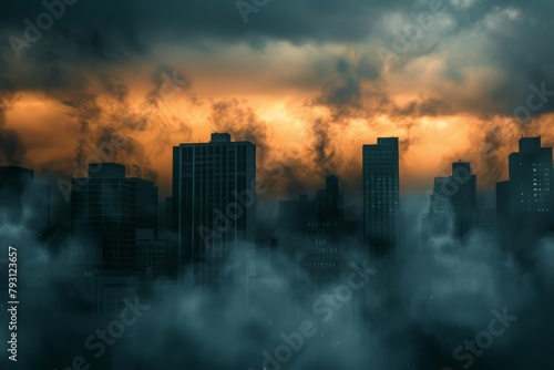 Buildings silhouetted against a backdrop of ominous, dark clouds symbolizing the looming threat of global warming
