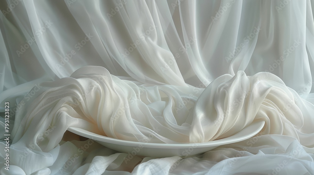   A white bowl atop a table, adjacent a white cloth covering it