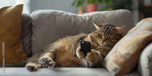 Lazy cat browsing phone lying on a grey sofa