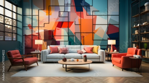 b'A living room with a colorful geometric mural on the wall' photo