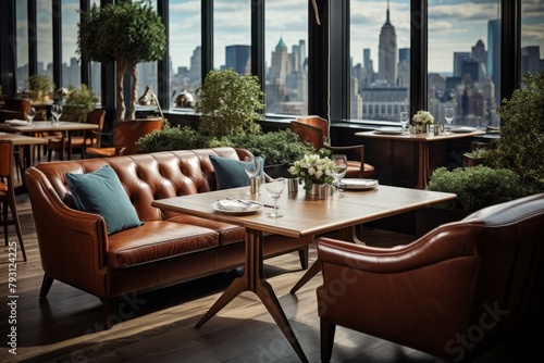 b'Luxurious restaurant interior with a view of the city'