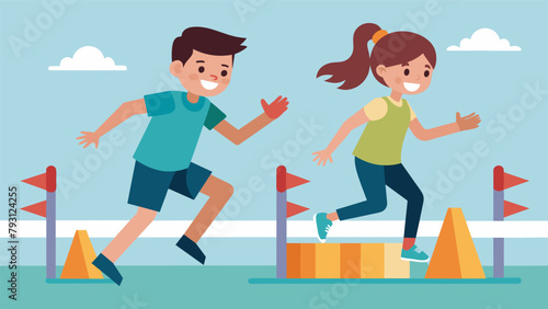 A brother and sister navigate an obstacle course relying on each other for support and encouragement.
