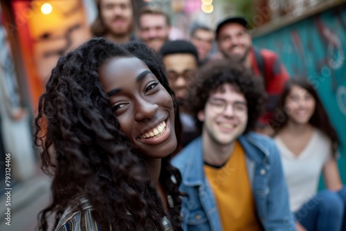 Portrait of smiling african american woman with friends in background © Inigo