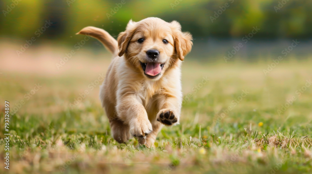 Golden retriever puppy running in grass