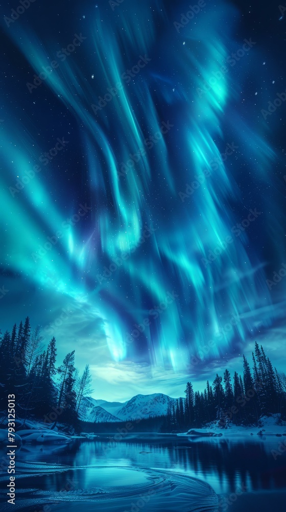 b'Aurora borealis or northern lights shimmering in the night sky'