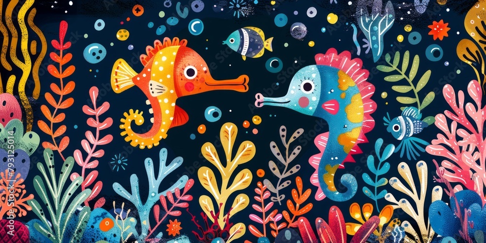 Fototapeta premium Two seahorses in a colorful coral reef