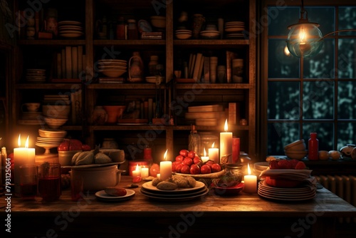 b'A wooden table set with a variety of food and lit by candles in a dark room with a window'