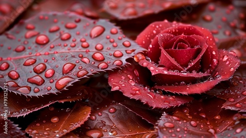   A red rose atop a mound of wet leaves  droplets adorning its petals and surrounding foliage