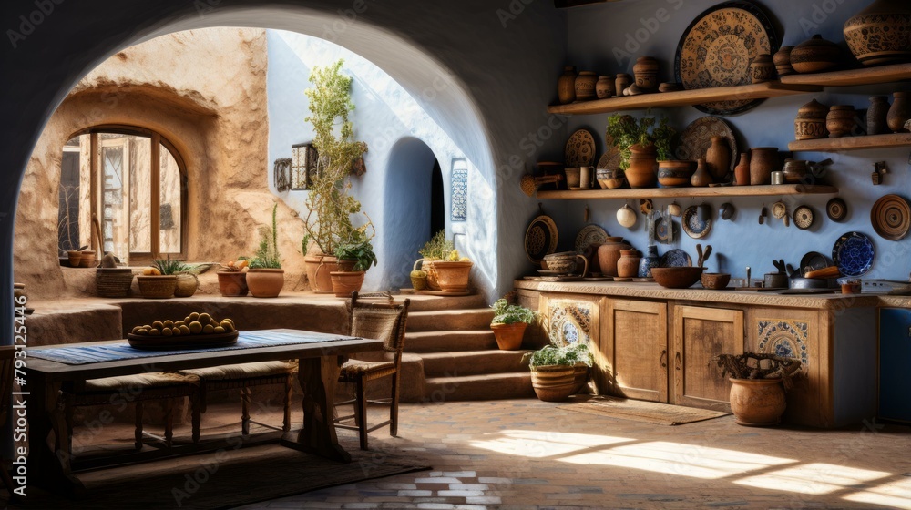 b'A beautiful Mediterranean style kitchen with a blue arched alcove, clay pots, and a wooden table.'
