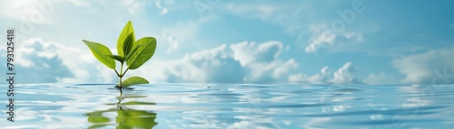 Serene scene of a young plant soaking up water under a clear blue sky photo