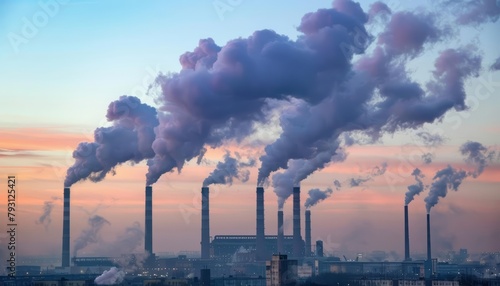 Smokestacks billowing smoke into the atmosphere, highlighting the industrial activities contributing to climate change in the urban landscape