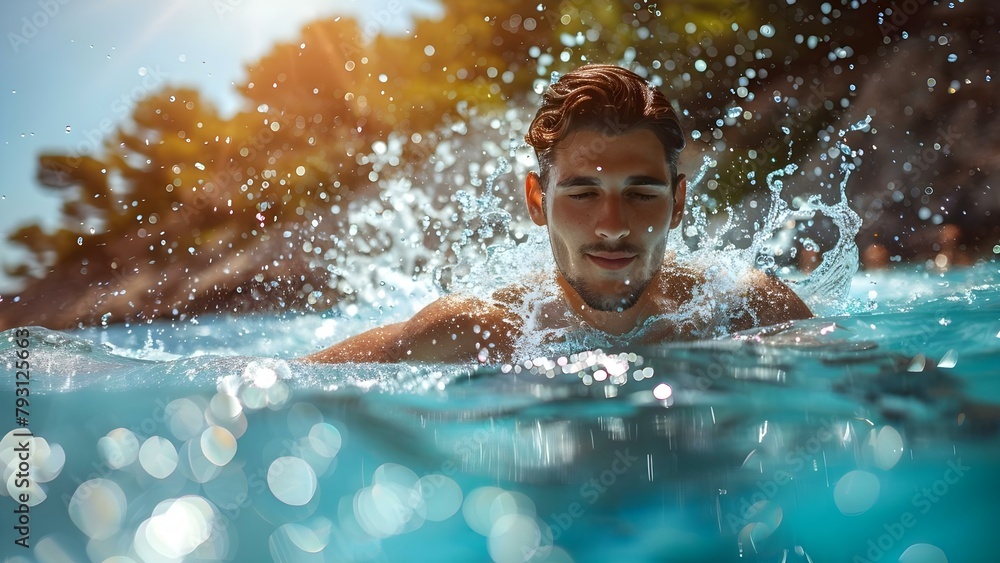 Swimming Man Enjoying Refreshing Exercise and Wellness in Sunny Pool. Concept Swimming, Exercise, Wellness, Refreshing, Pool