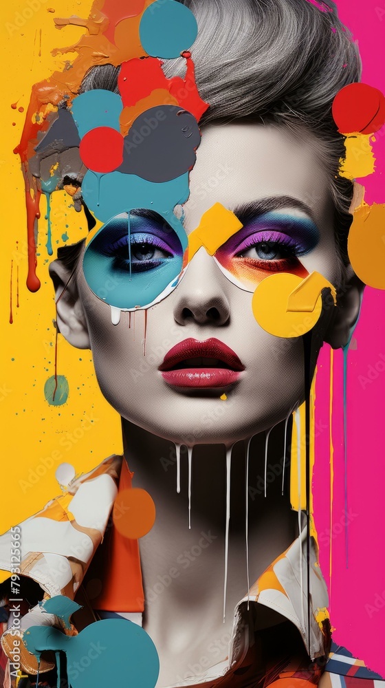 b'Colorful portrait of a woman with paint dripping down her face'
