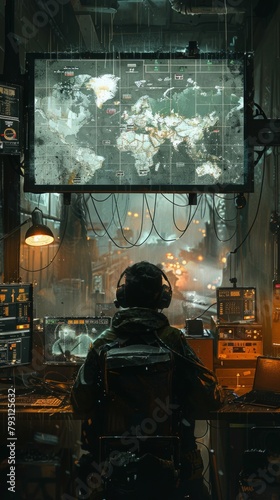 A soldier sits at a computer console in a dark room.