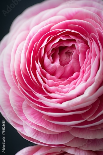 b Close-up of a pink peony flower in full bloom against a dark background 