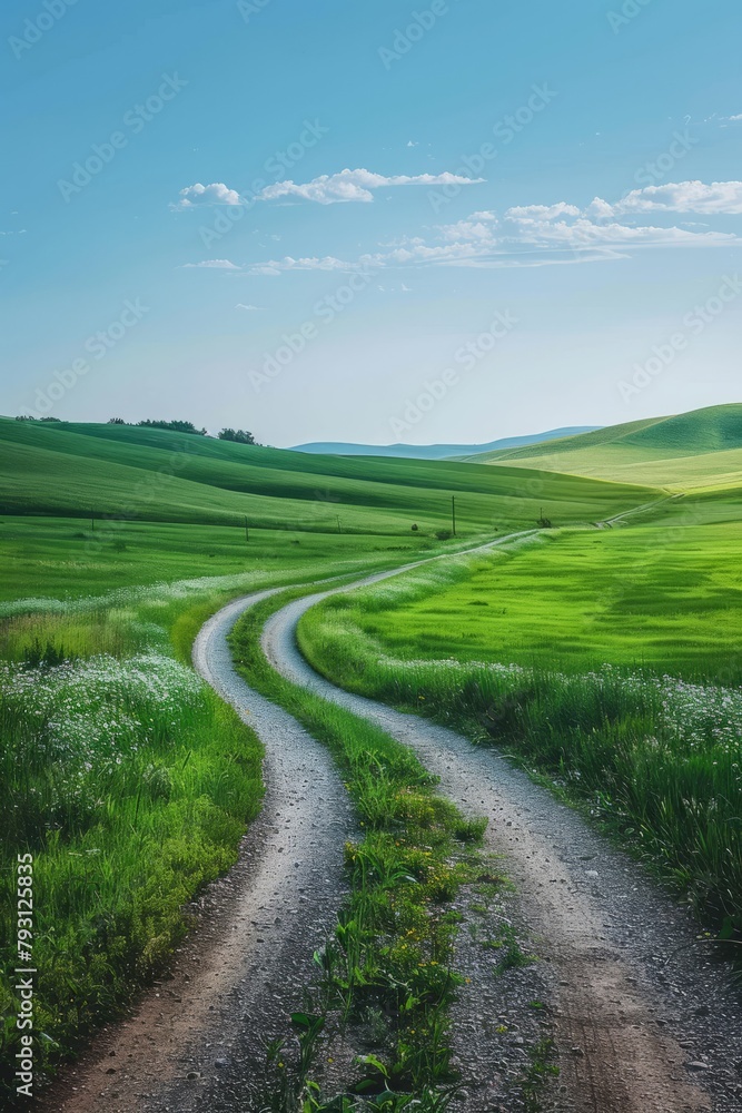 Scenic view of a rural road through green fields