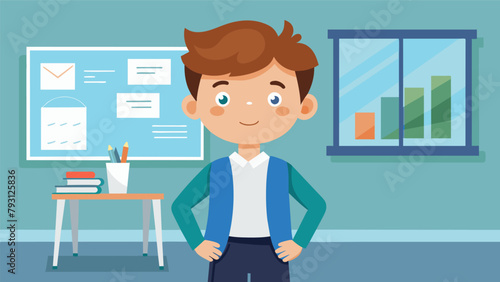In a classroom a young boy proudly stands before a whiteboard ready to lead a discussion on the symbolism and themes in his first published