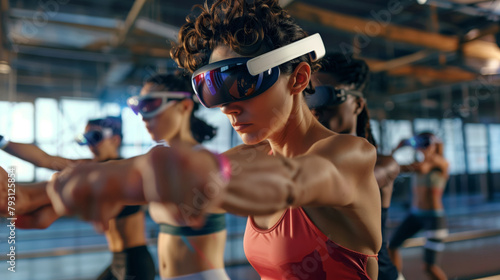 Girls doing fitness in the gym with virtual goggles. Virtual sport
