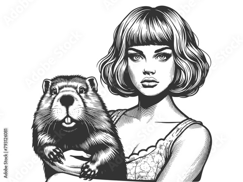 Pin-up beautiful girl hugs beaver sketch engraving generative ai fictional character vector illustration. Scratch board imitation. Black and white image.