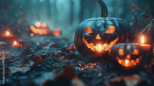 Spooky Halloween pumpkins in a dark forest