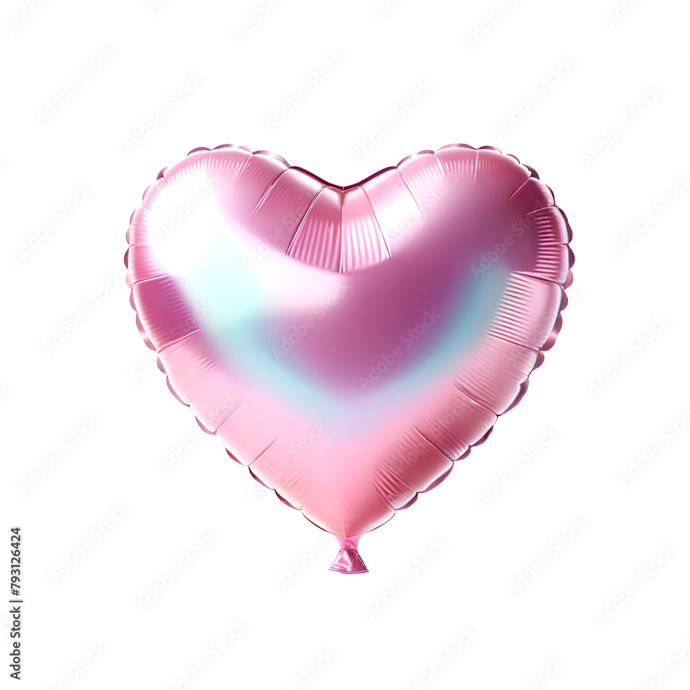 Pink Heart-Shaped Iridescent Balloon Isolated Against White Background, Shiny and Reflective Surface, Romantic Theme

