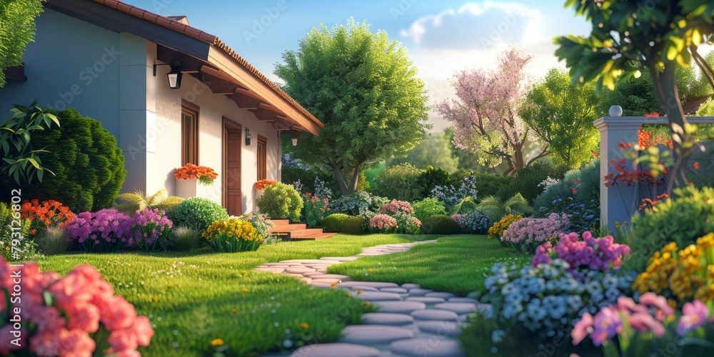 A beautiful garden with a house in the background A beautiful garden with a house in the background