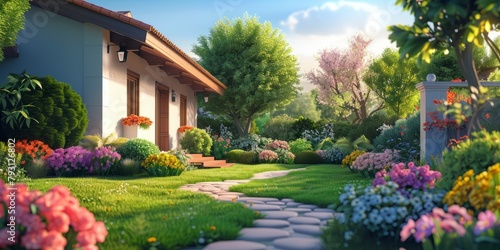 A beautiful garden with a house in the background