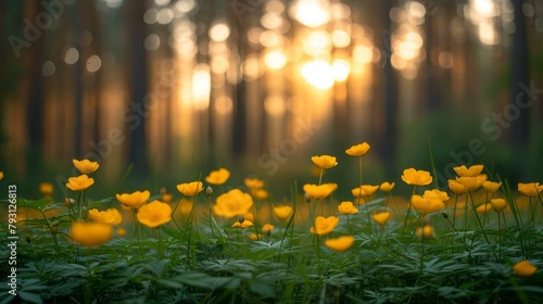 b'Yellow flowers in a forest clearing with a beautiful blurry background'