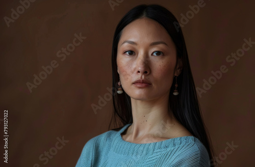 Serious, business and portrait of Asian woman in studio for career, pride and confidence in job. Journalist, female person and face of reporter for production, hosting and media on brown background photo