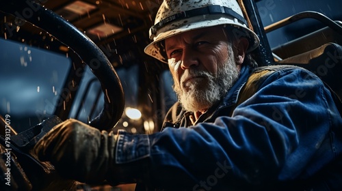 b'Portrait of a male miner operating heavy machinery in a mine.'